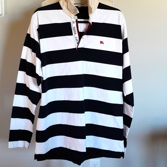 Burberry London Navy Blue Striped Rugby Long Sleeve Polo Embroidered! - Picture 5 of 7